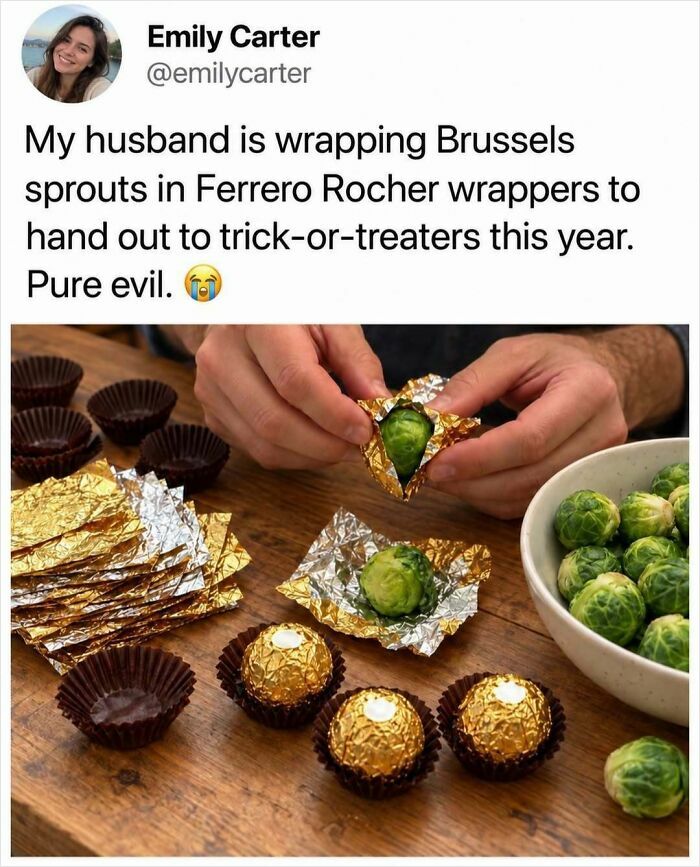 A silly and fun post about wrapping Brussels sprouts in chocolate foil for Halloween.