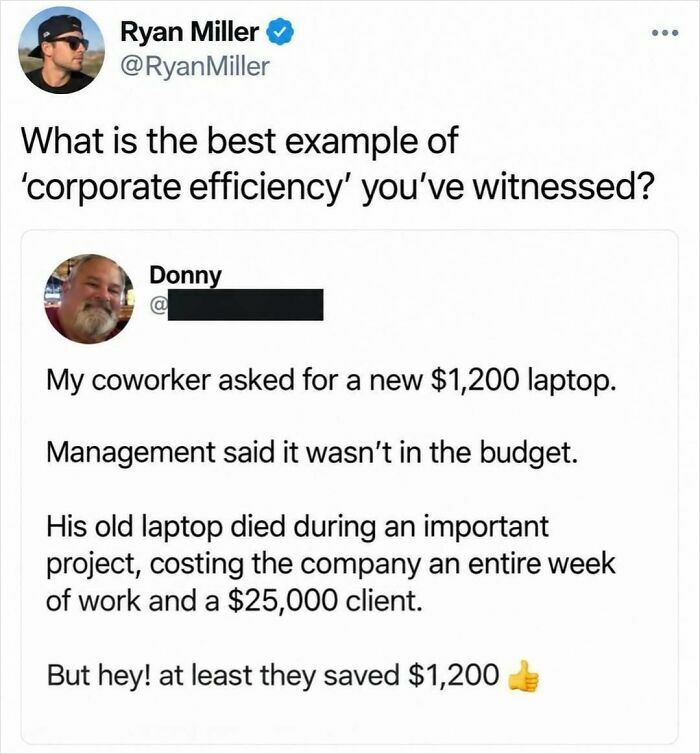 Social media screenshot showing a funny and entertaining post about corporate efficiency.