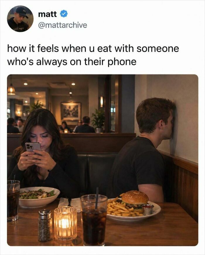 A man staring at a wall while his date is on her phone, featured in fun posts.