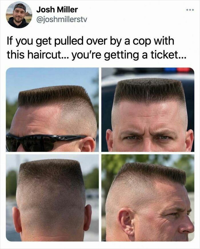 Four collage photos showing a strict flat top haircut, featured in fun posts online.