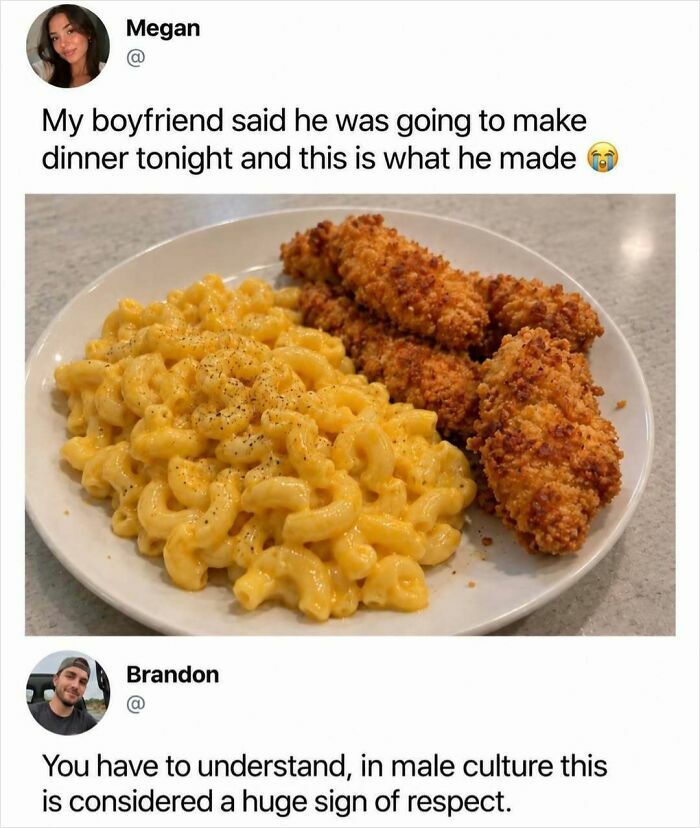 A plate of macaroni and cheese alongside fried chicken tenders, shared in fun posts about simple home meals.