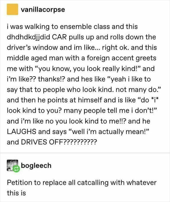 Tumblr post humor about a kind foreign man stopping a student and asking if he seems kind