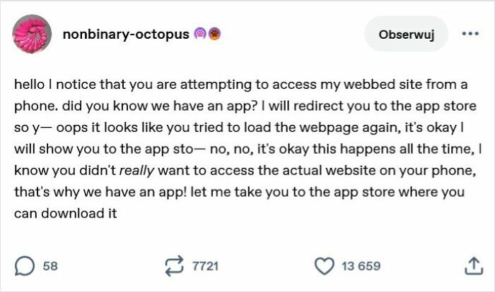Tumblr post humor about app store redirection frustration on mobile