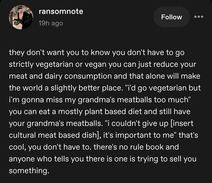 Tumblr text post about reducing meat consumption for a better world