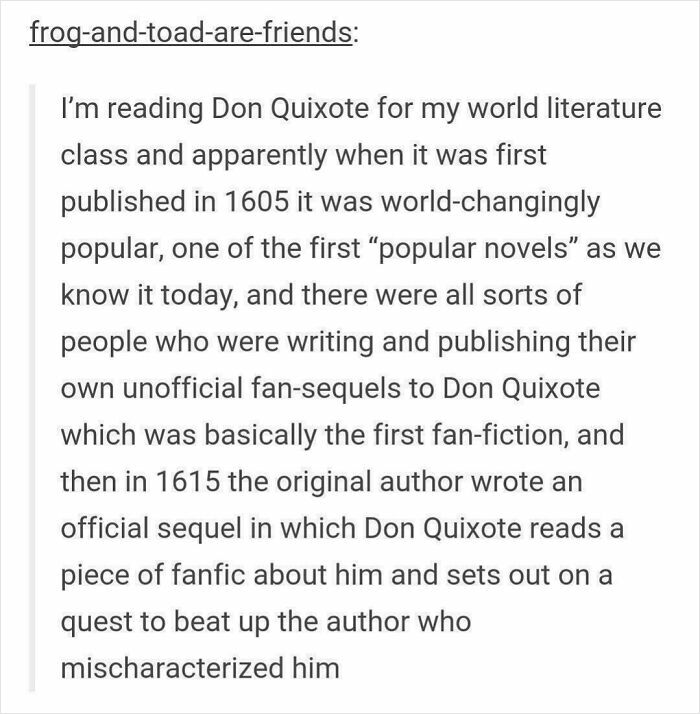 Tumblr post explaining Don Quixote as one of the first popular novels and early fan-fiction examples