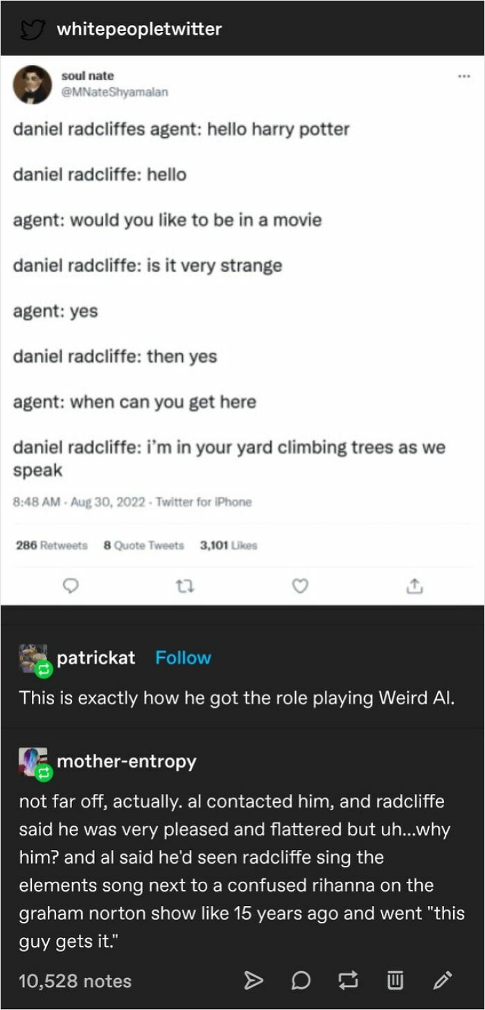 Tumblr post humor about Daniel Radcliffe getting a strange movie role