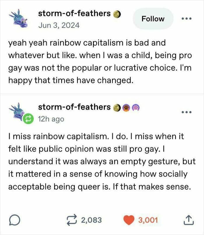 Tumblr post discussing rainbow capitalism and pro gay public opinion