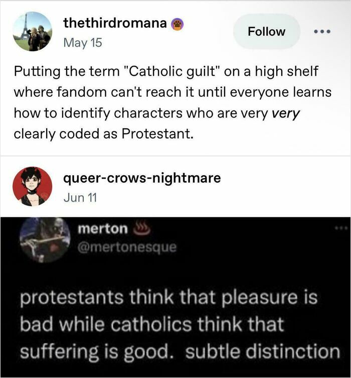 Tumblr post comparing Catholic guilt and Protestant character identification