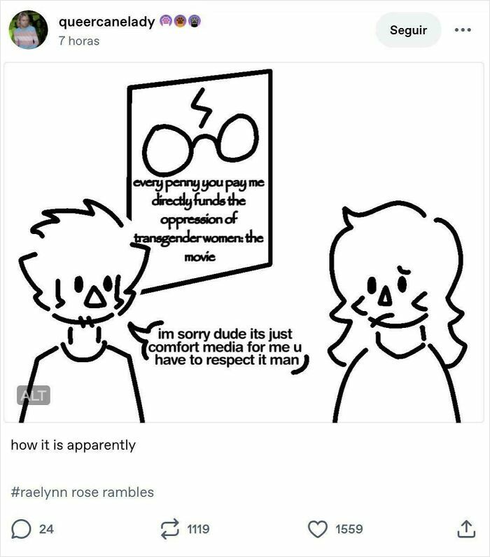 Tumblr post cartoon discussing 'comfort media' and transgender women oppression movie