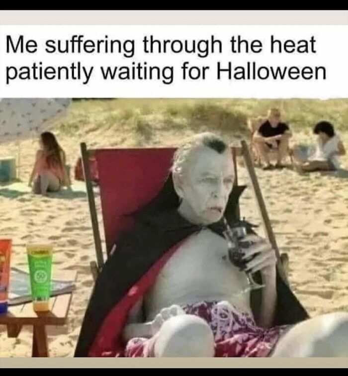 Spooky season meme of vampire on a beach waiting impatiently for Halloween.