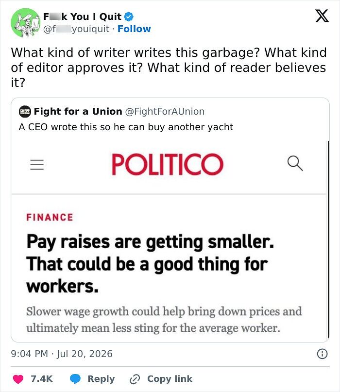 Headline from Politico on shrinking pay raises and its impact on workers