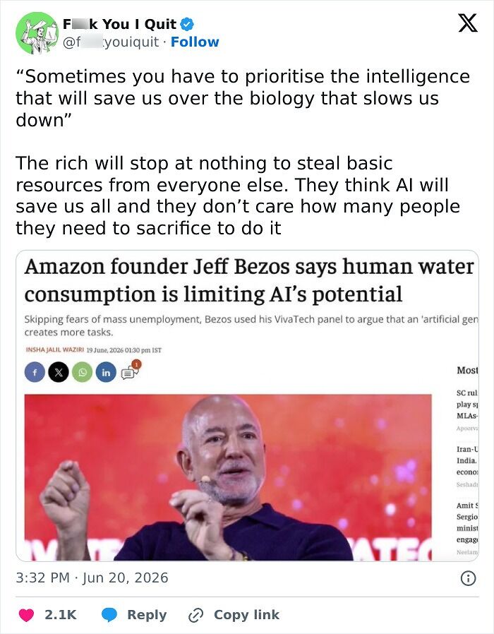 Jeff Bezos says human water consumption limits AI potential warns rich stealing resources