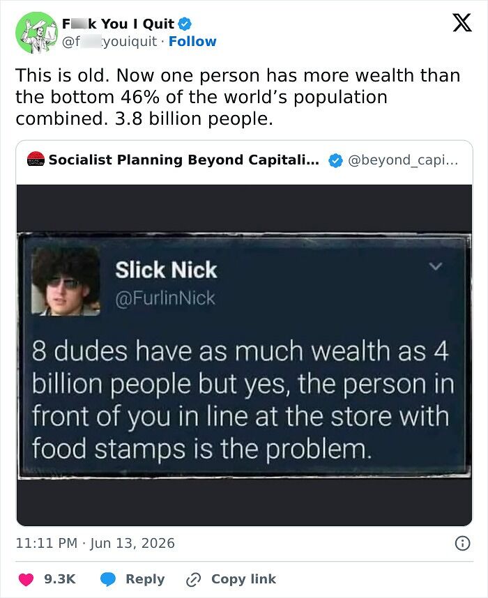 Screenshot of tweet comparing wealth of 8 people to 4 billion, highlighting wealth inequality