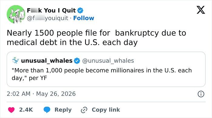 Tweet about daily US medical debt bankruptcies vs millionaires created