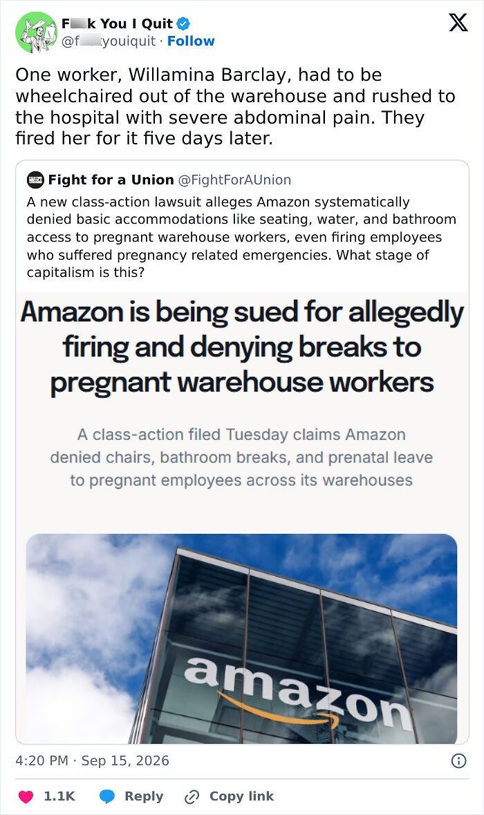 Tweet reports Amazon sued for denying breaks and firing pregnant warehouse workers