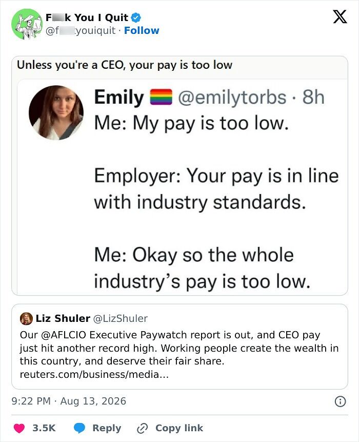 Tweet discussing low pay and CEO pay disparity highlighting industry pay standards