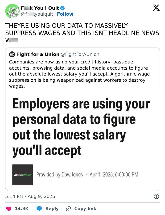 Tweet about employers using personal data to determine lowest acceptable salary for workers