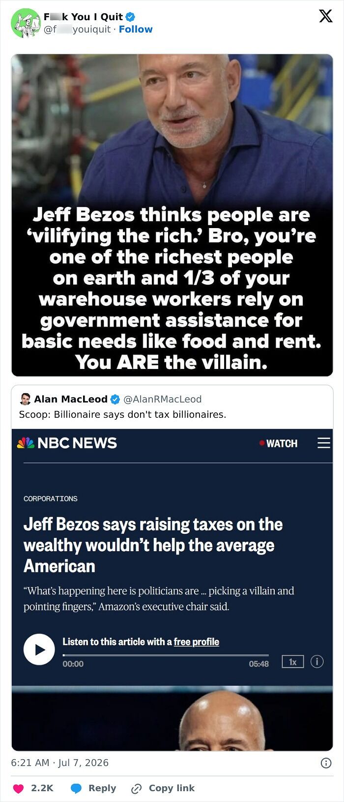 Criticism of Jeff Bezos saying wealthy tax increases won't help average Americans amid government aid for workers