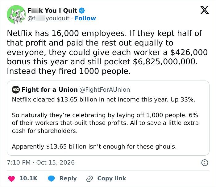 Tweet criticizing Netflix layoffs despite high profits and employee bonuses