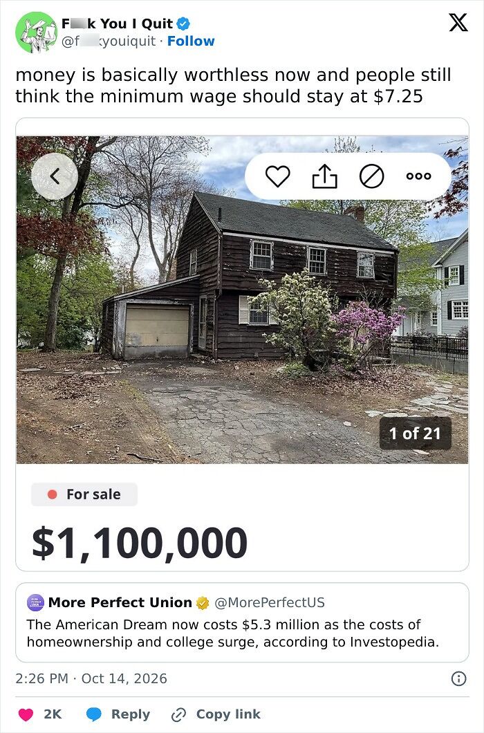 Tweet showing a shabby house for sale at 1.1 million dollars amid rising housing costs