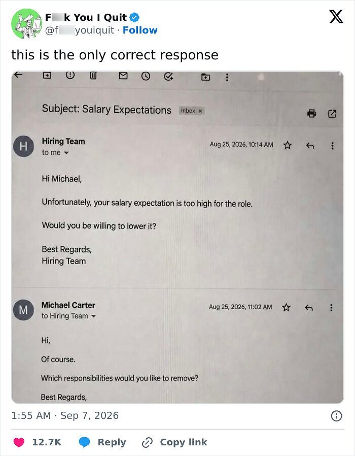 Email exchange about salary expectations rejecting high demands with a witty reply