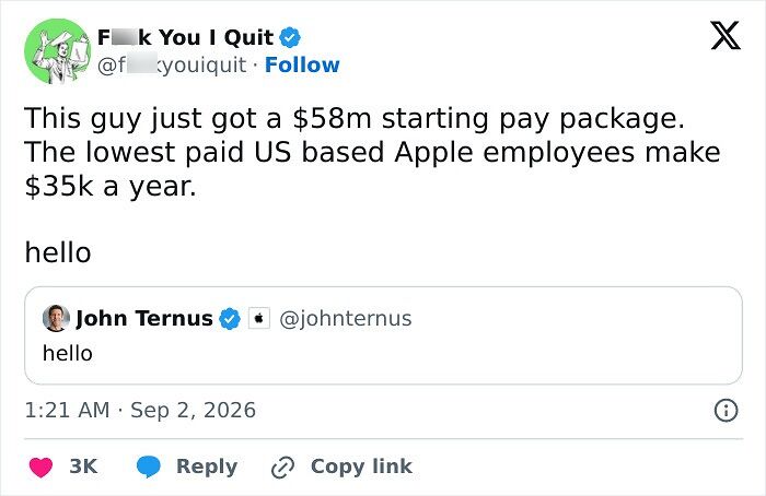 Apple employee starts with 58 million dollar pay while lowest pay is 35k
