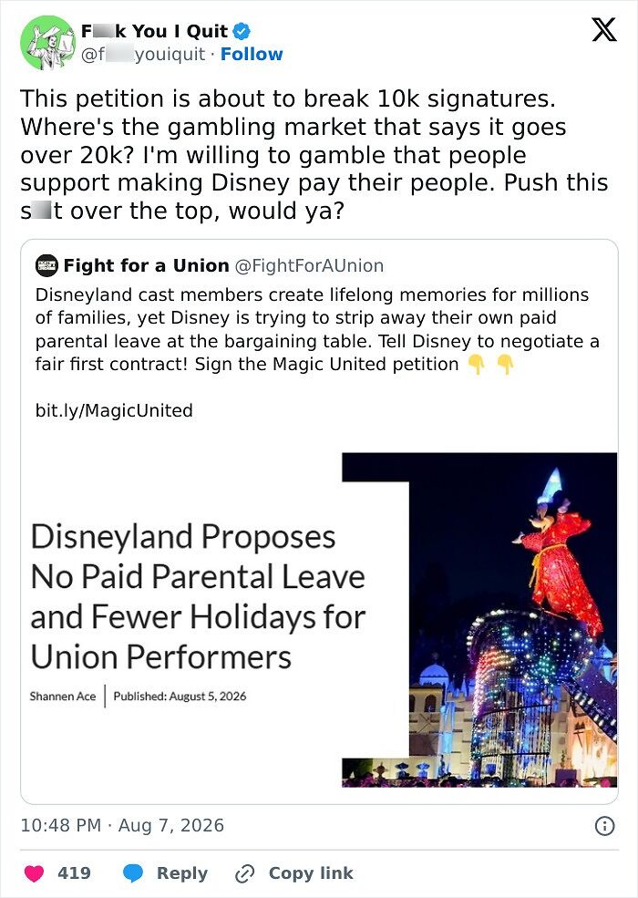 Post about Disneyland proposing no paid parental leave and fewer holidays for union performers