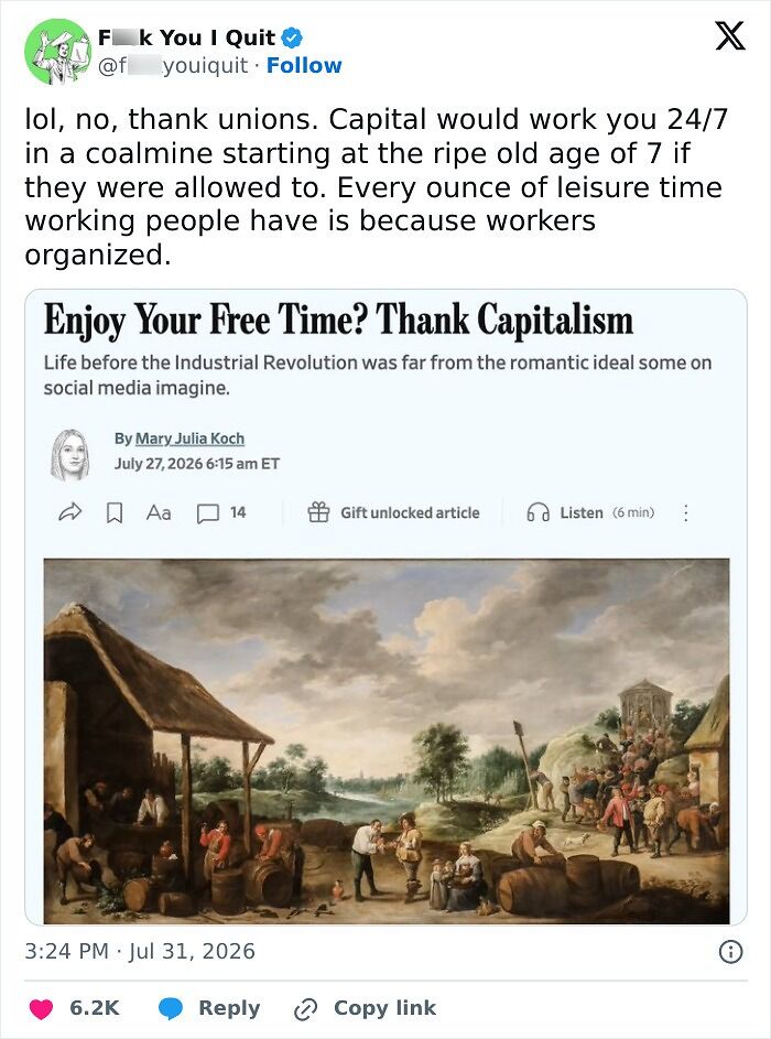 Article discussing capitalism providing free time before the industrial revolution