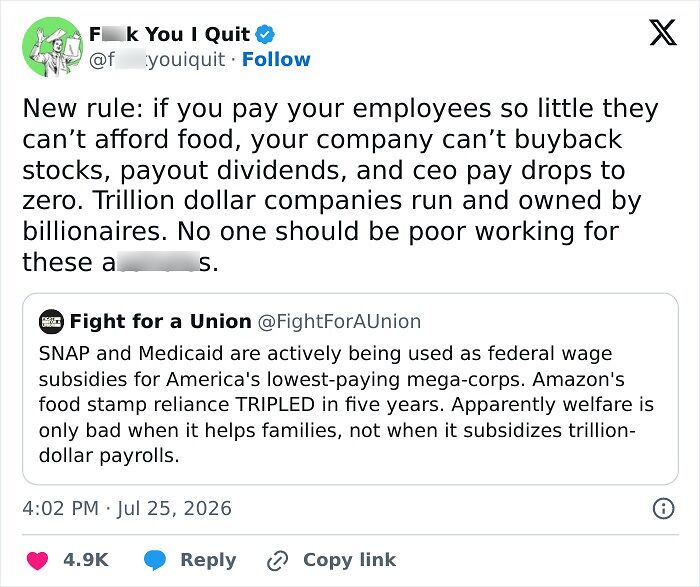 Tweet about low employee pay and trillion dollar companies linked to poverty and welfare subsidies