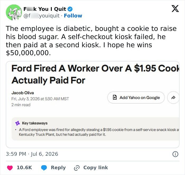 Tweet about Ford firing a worker over a cookie he had paid for