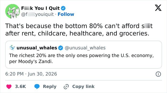 Tweet explaining bottom 80 percent can't afford essentials affecting US economy power