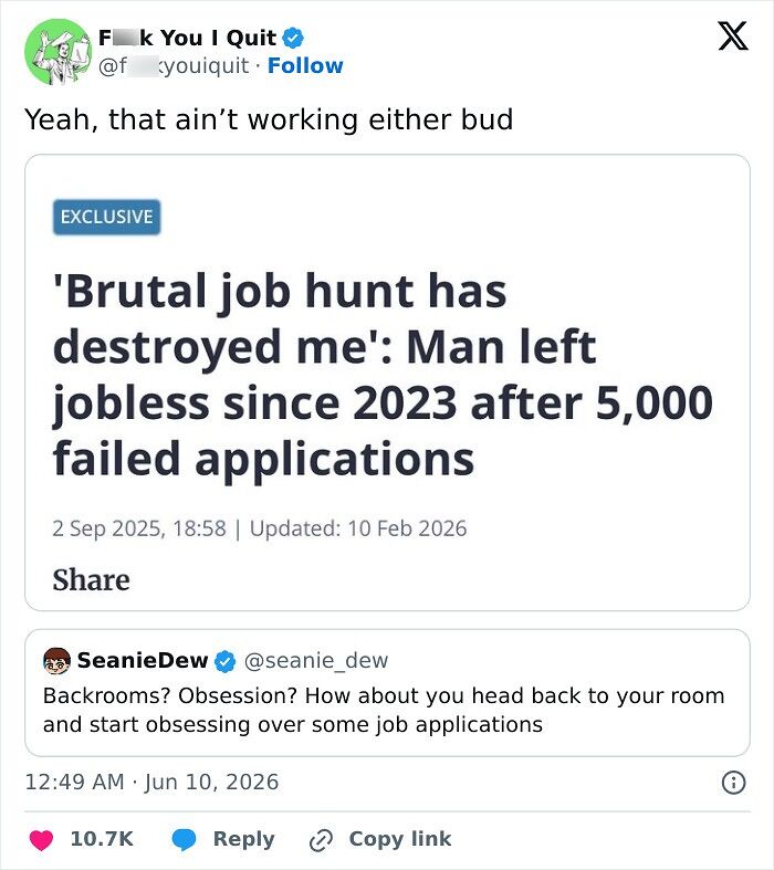 News headline about a man jobless since 2023 after 5,000 failed applications