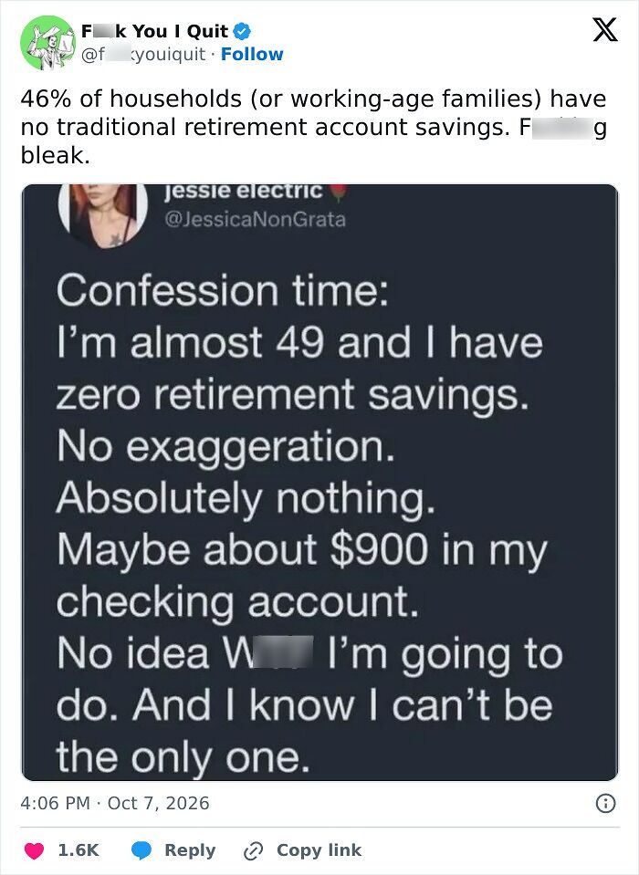 Tweet highlighting 46% of households have no retirement savings