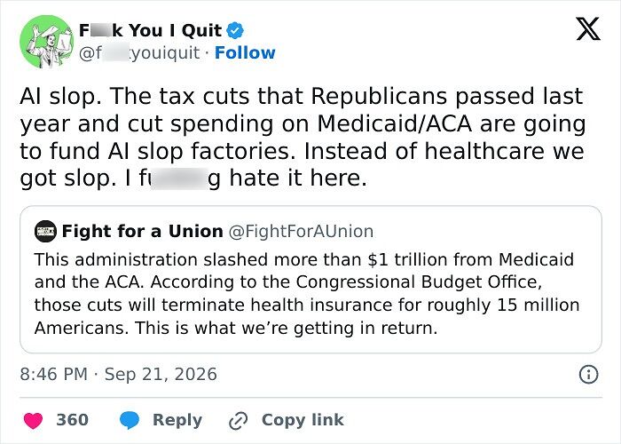 Tweet about tax cuts affecting Medicaid and funding AI slop factories