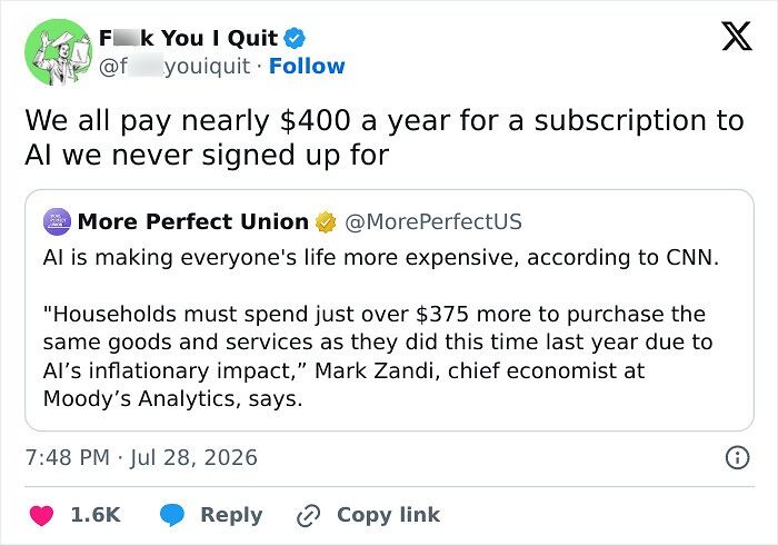 Tweet about AI causing higher household expenses and inflation