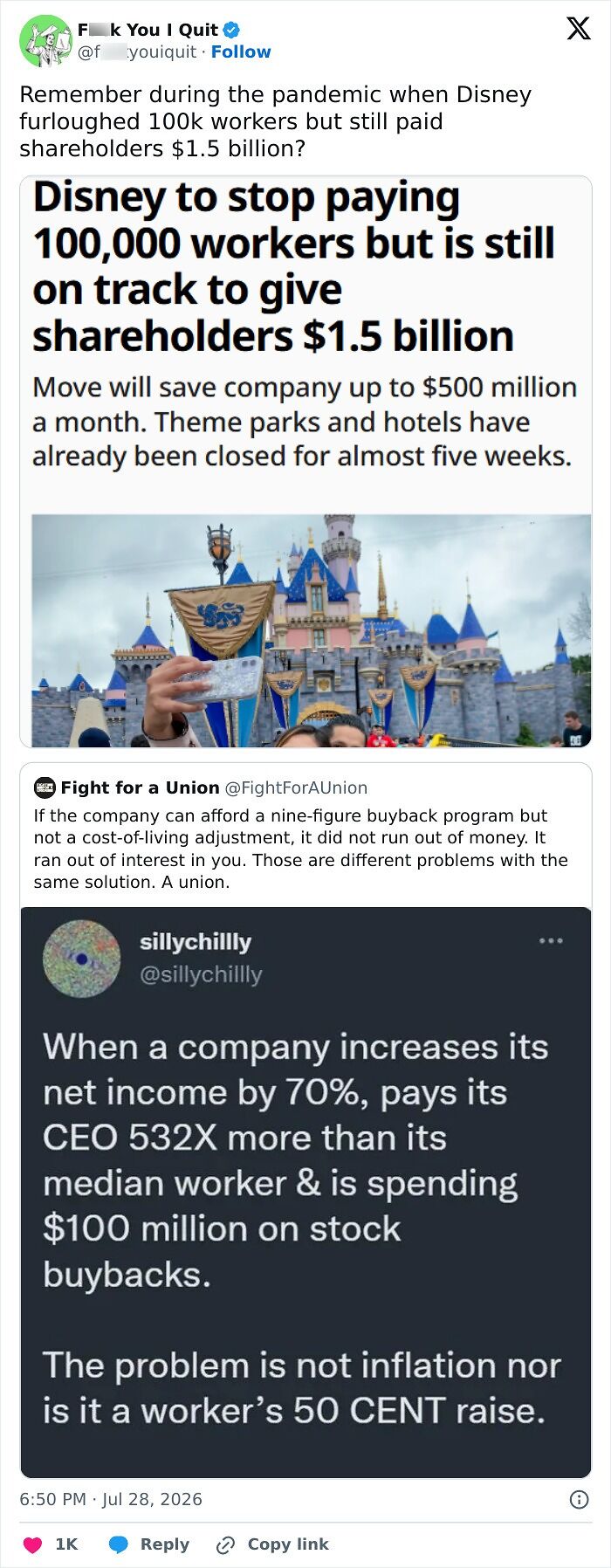 Tweet on Disney furloughing workers but paying $1.5 billion to shareholders during pandemic