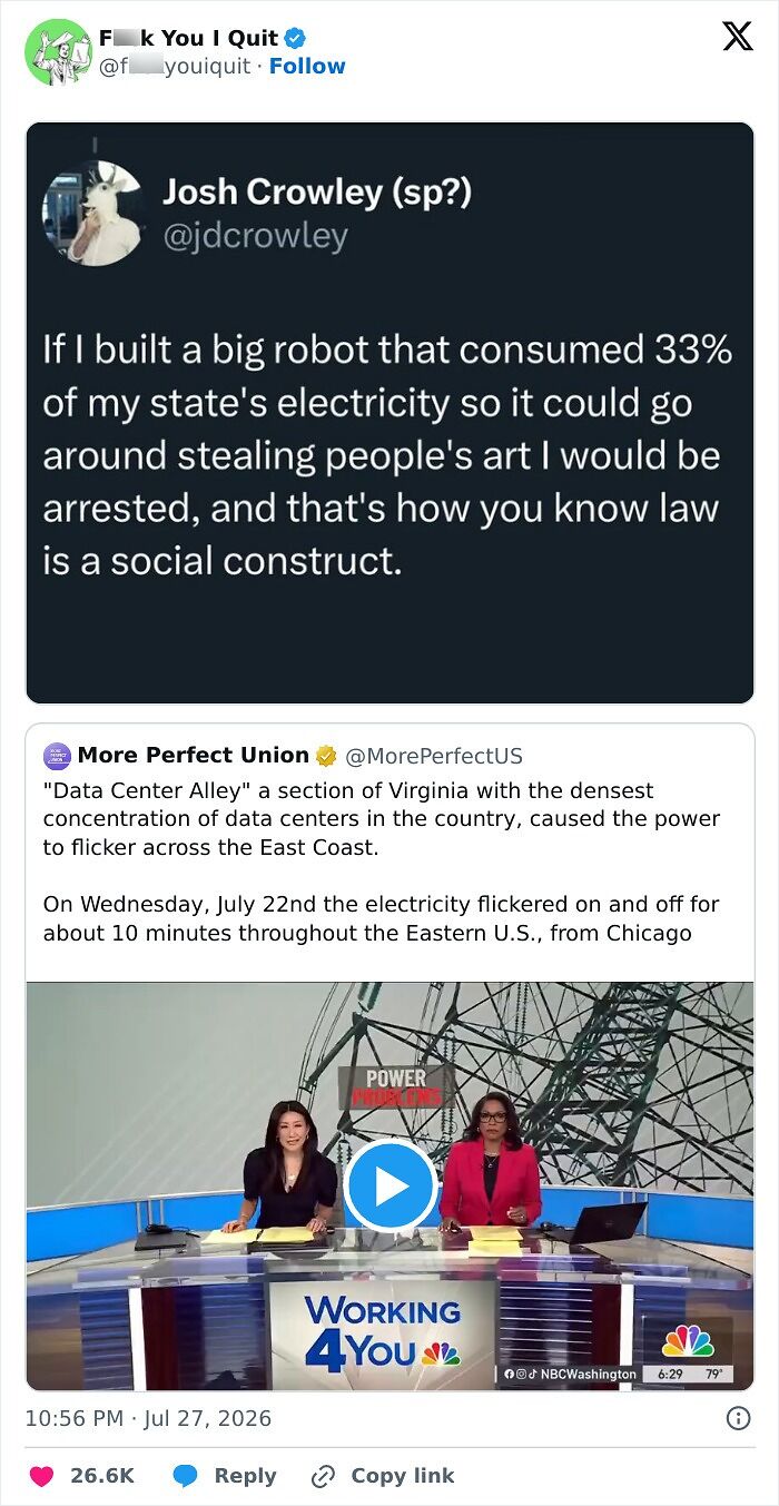 Tweet discussing big robot energy use and data center electricity flicker on East Coast
