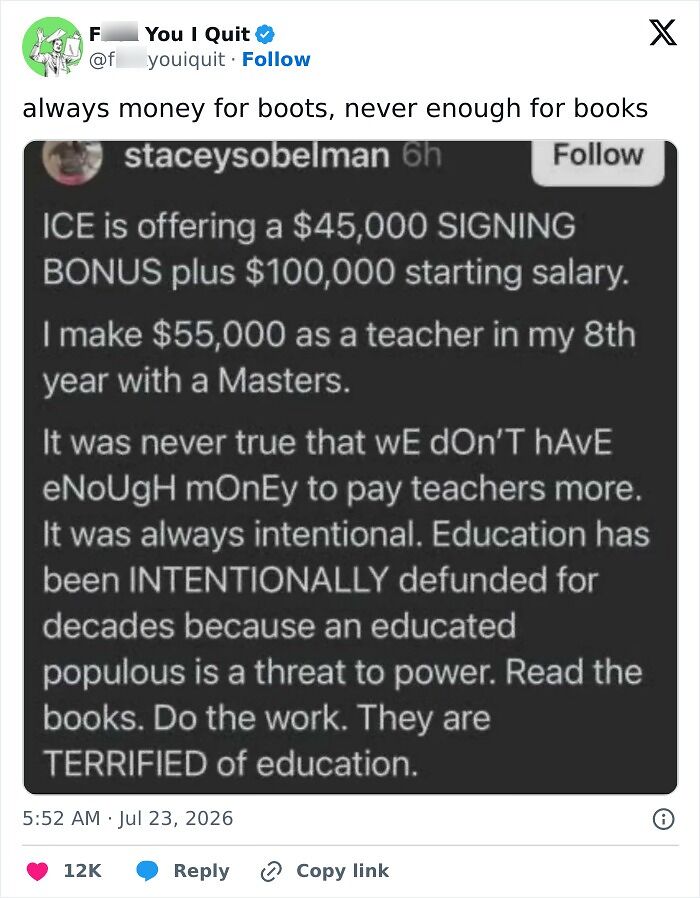 Tweet highlighting teacher salary versus ICE bonuses and intentional education defunding