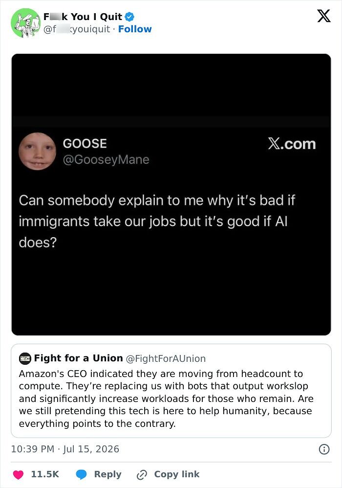 Tweet questioning job loss to immigrants versus AI with Amazon job automation concerns