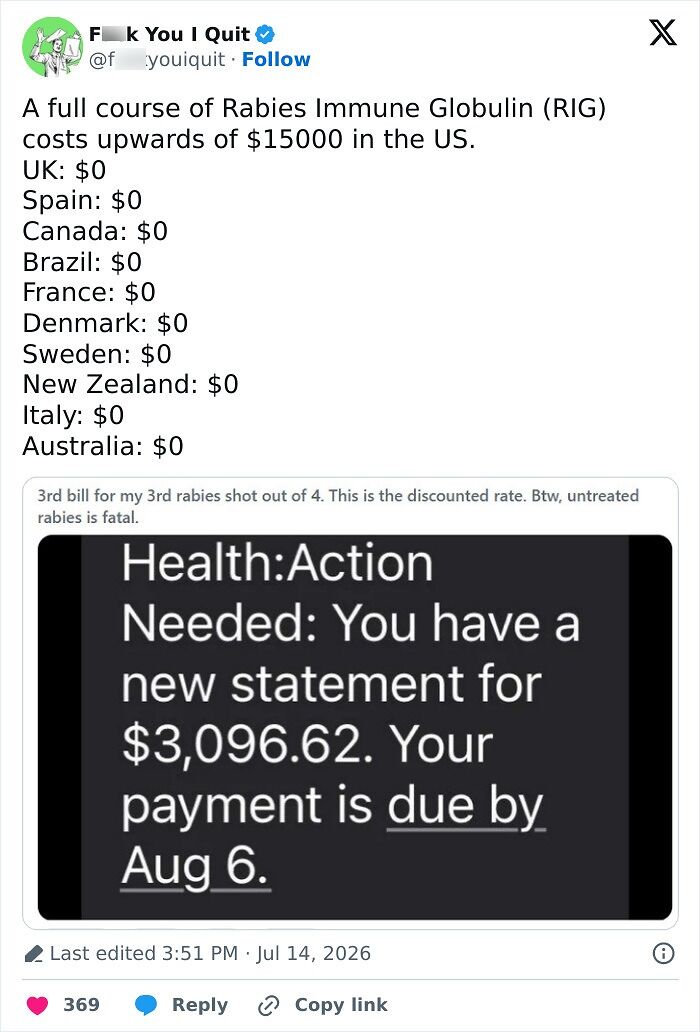 Tweet comparing rabies treatment costs across countries highlighting US expense