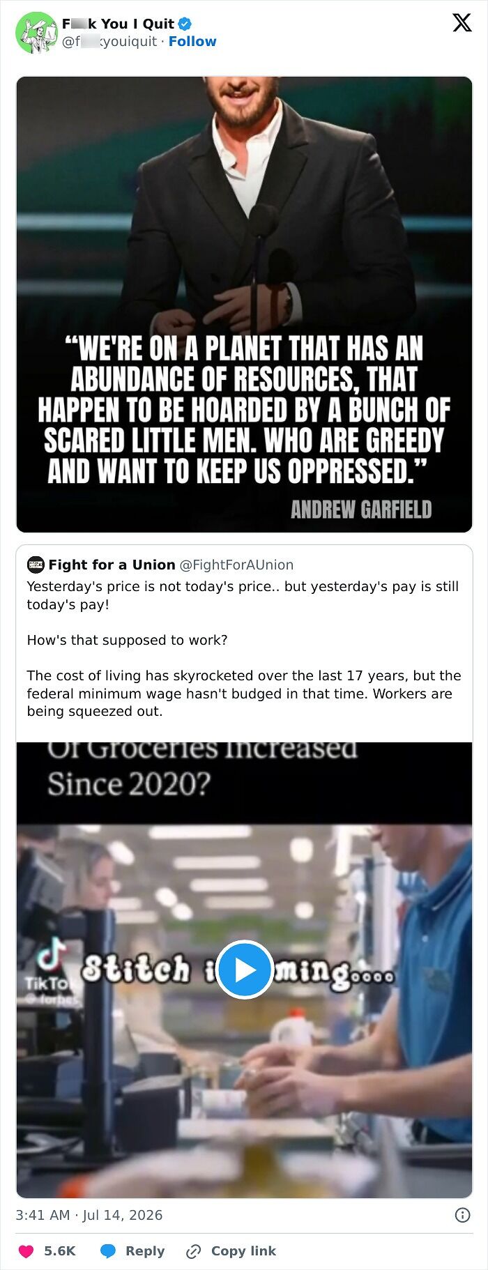 Quote on resource hoarding and rising cost of living impacting workers