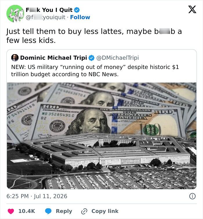 Tweet on US military budget shortage despite trillion dollar spending
