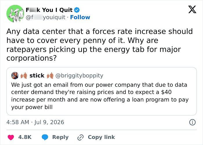Tweet discussing energy rate increases for data centers and burden on ratepayers