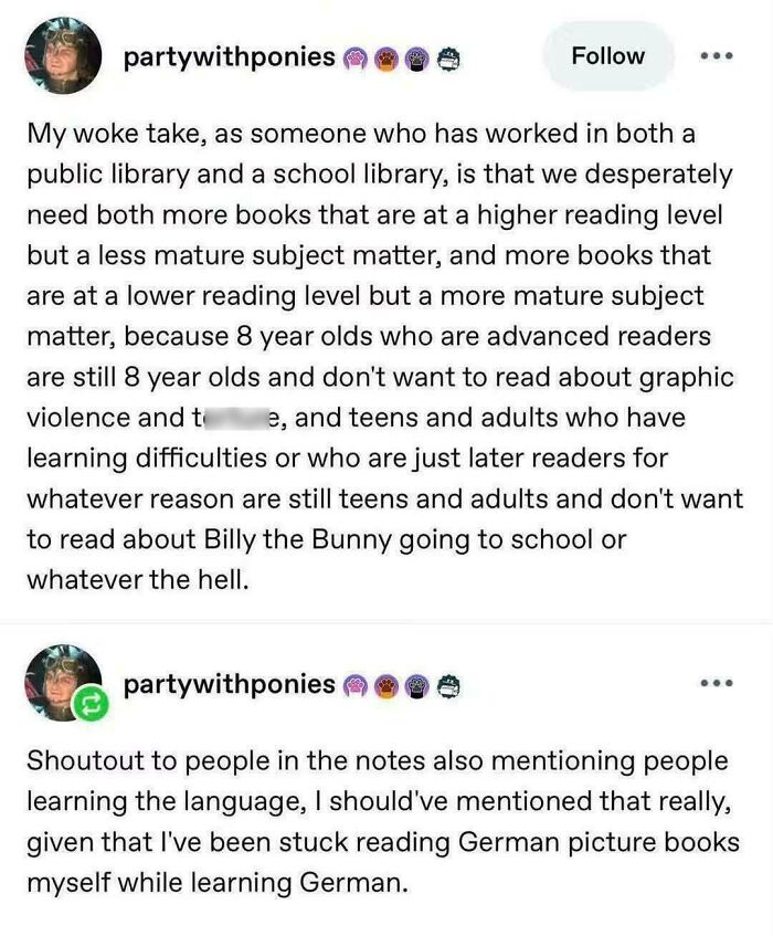 Tumblr post discussing the need for diverse reading levels and mature subjects in libraries