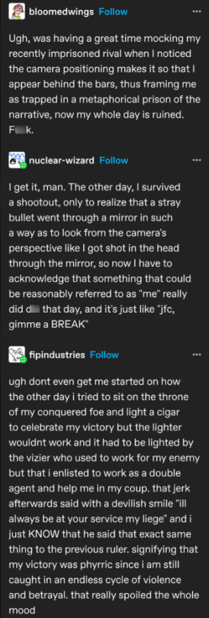 Tumblr text post about a comedic story of rivalry and betrayal