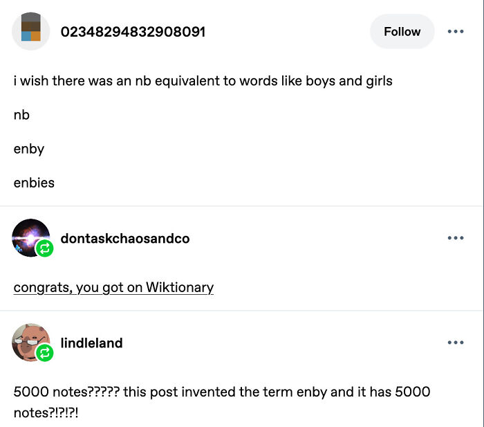 Tumblr post about the term enby as a non-binary equivalent of boys and girls