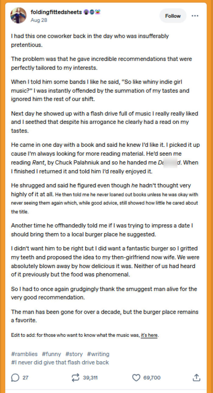 Tumblr story about a pretentious coworker giving great music and burger recommendations