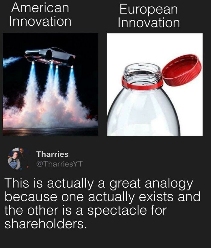 American vs European innovation comparison with a flying car and a bottle cap