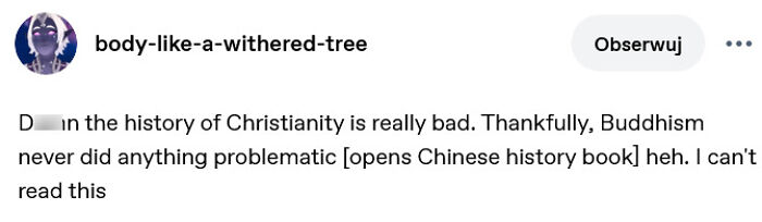 Tumblr post discussing problematic history of Christianity vs Buddhism