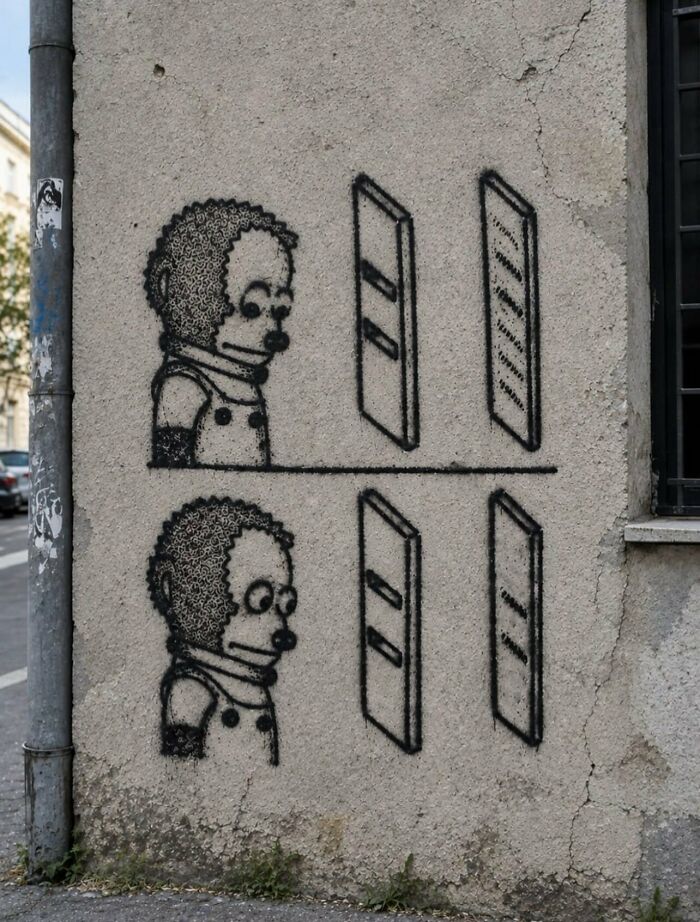 Street art graffiti depicting a cartoon character in two funny and weird random photos.